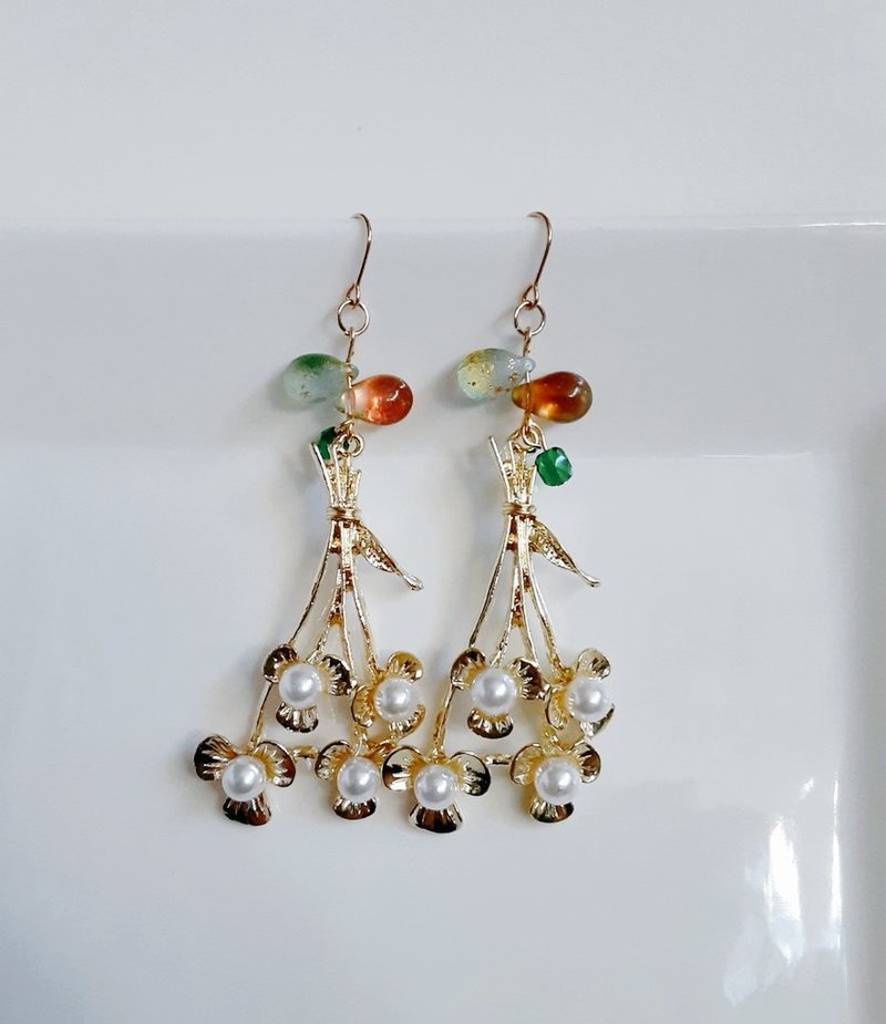 Lovely large earrings with pearl bouquet charm and plump drop beads. Yellow-green spring earrings. Birthday gift. Can be changed to allergy-friendly earrings or Clip-On. - Earrings & Clip-ons - Glass Green