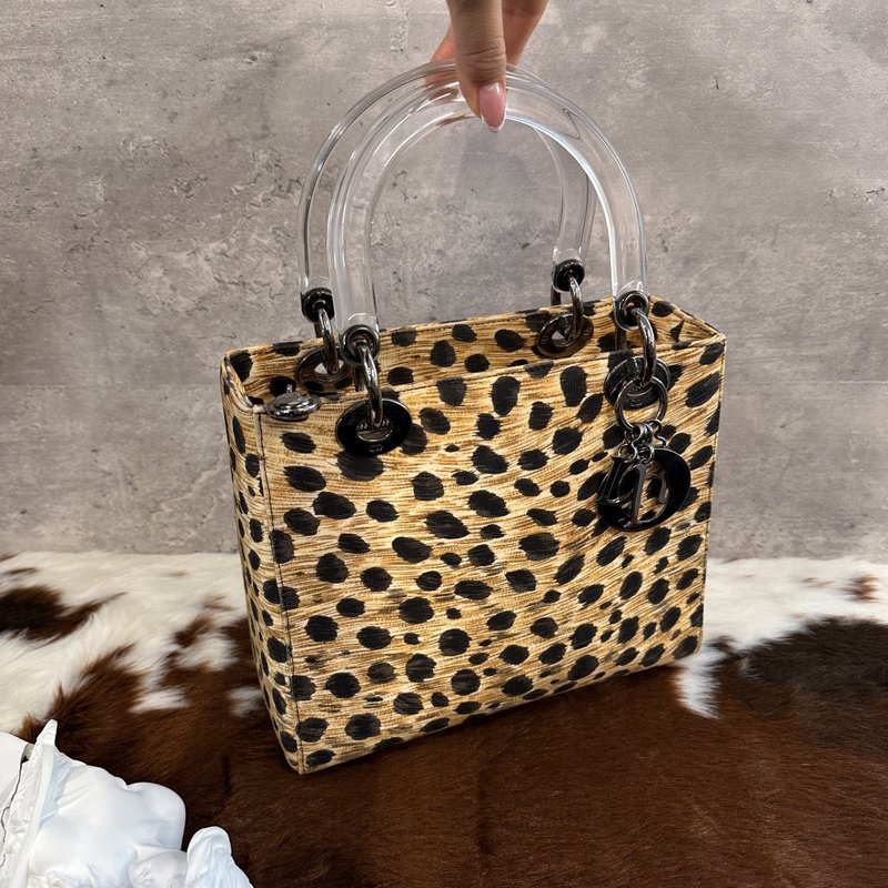 Dior 迪奧 Lady Dior 豹紋款 Lucite 壓克力手把 手提包 - 手袋/手提包 - 真皮 金色