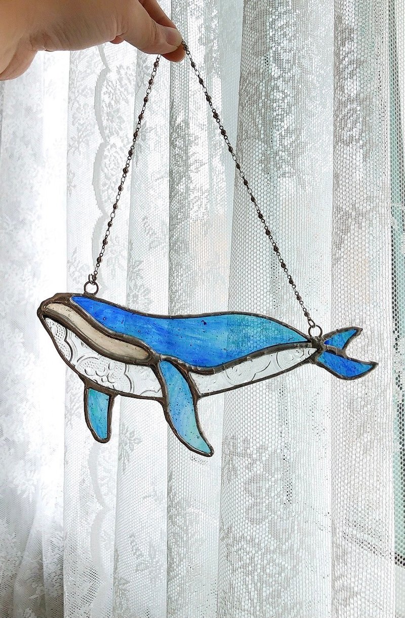 鯨魚。鑲嵌玻璃掛飾-藍綠暈染玻璃 - 壁貼/牆壁裝飾 - 玻璃 藍色
