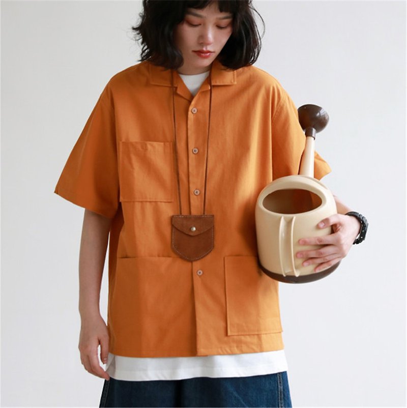 橘黃色 2色 復古簡約古巴領襯衫 中性寬鬆口袋短袖襯衣 S-XL - 女襯衫 - 棉．麻 橘色
