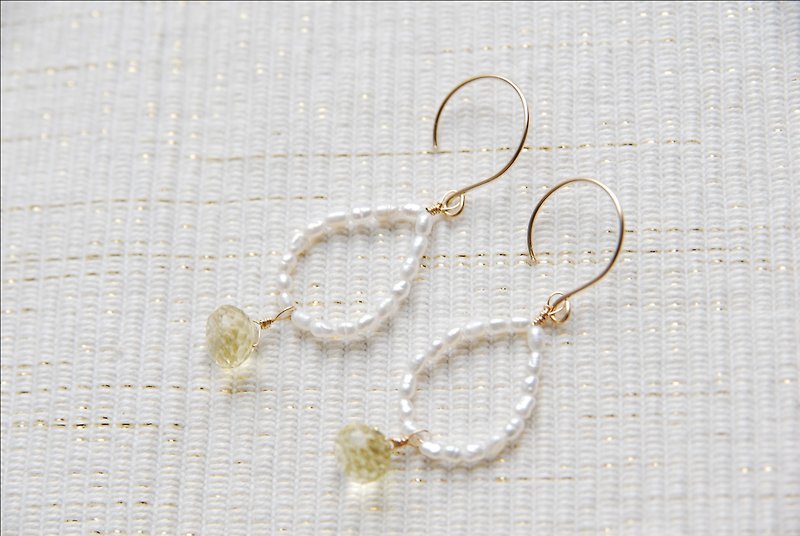 Small pearl and lemon quartz earrings 14kgf - Earrings & Clip-ons - Gemstone Yellow