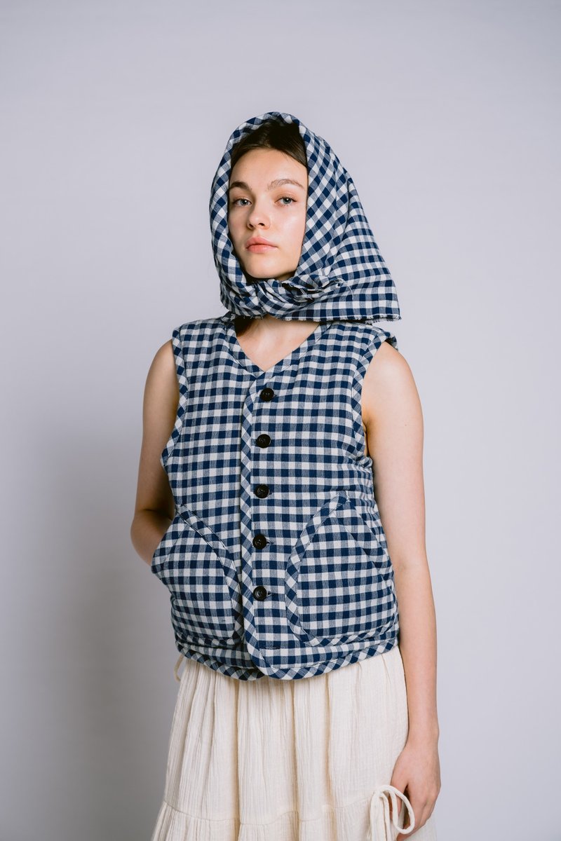 Palit Loone vest Gingham - 背心/無袖上衣 - 棉．麻 藍色
