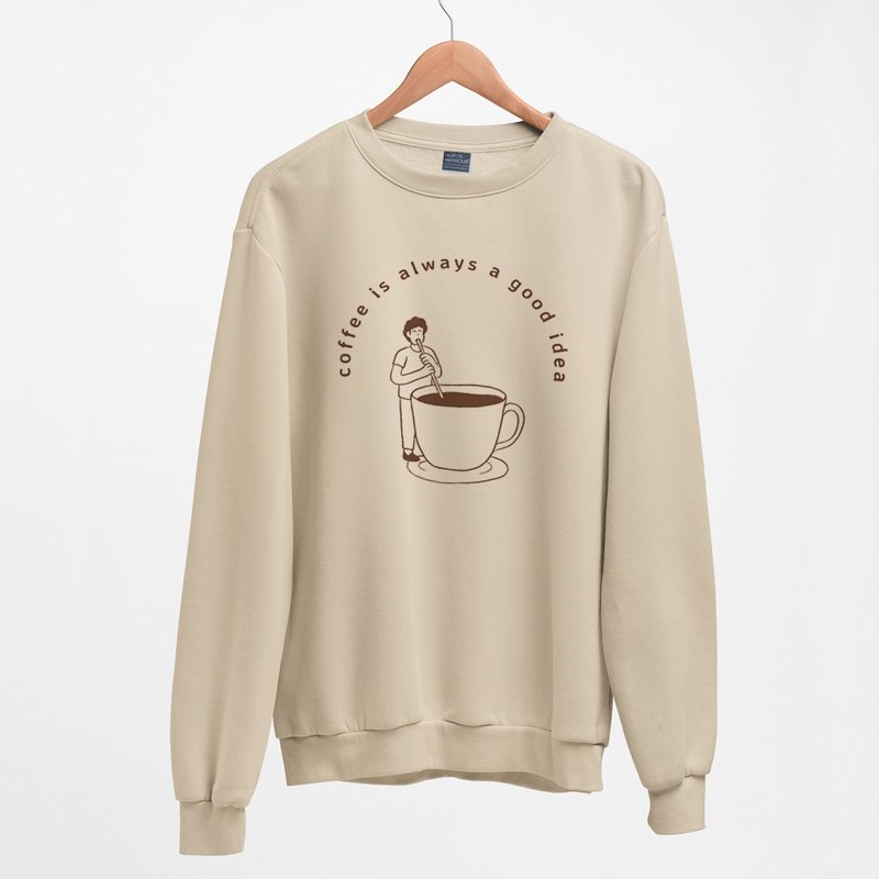 coffee good idea 中性大學T 刷毛 卡其 秋冬禮物快速咖啡瘋設祭 - 帽T/大學T - 棉．麻 卡其色