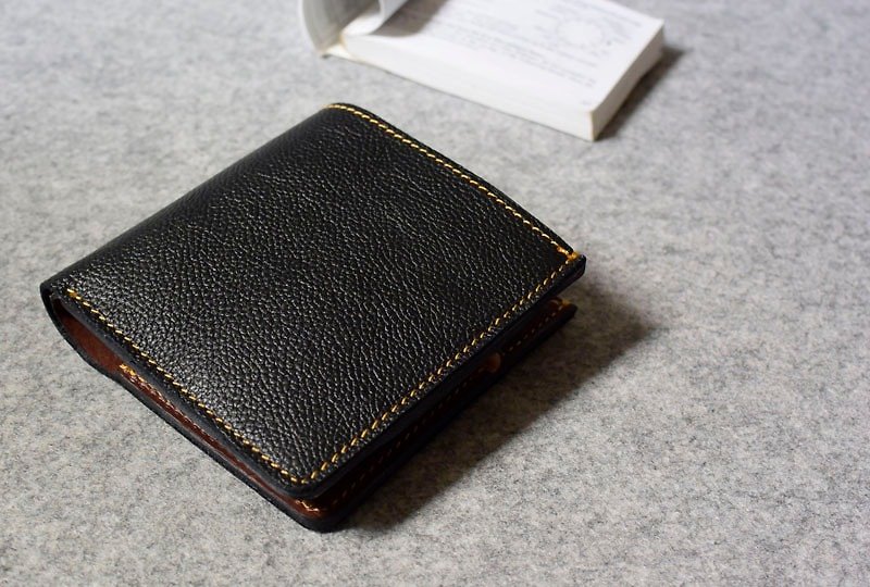 YOURS leather straight V short clip (with coin pocket inside) black lychee + dark wood leather - Wallets - Genuine Leather 