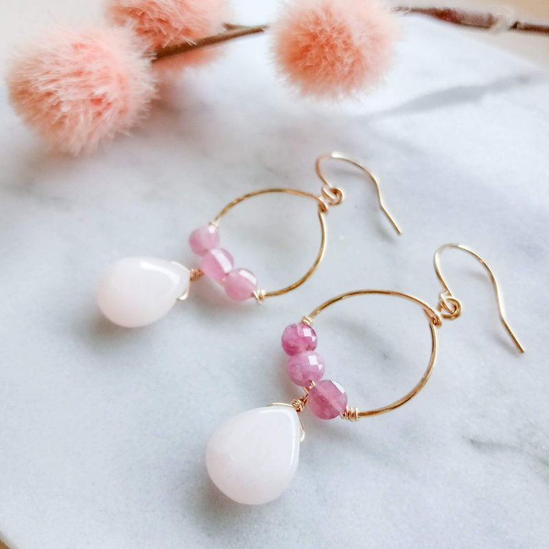 Gem Stone /14KGF   Pink tourmaline and calcite hoop earrings - ต่างหู - เครื่องประดับพลอย สึชมพู