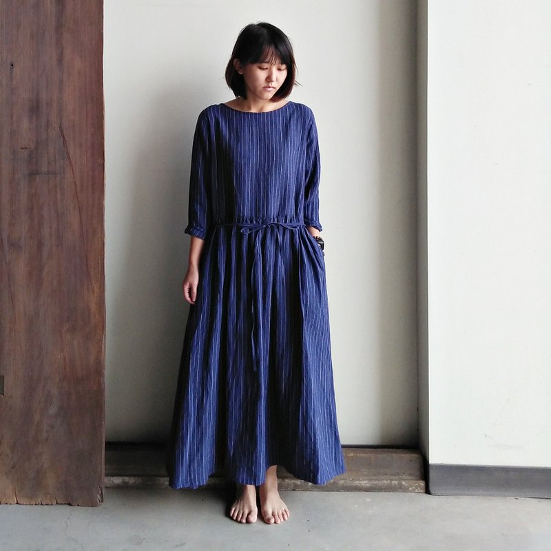 Linen Denim Blue Stripes/Dark Blue Stripes - One Piece Dresses - Cotton & Hemp Blue