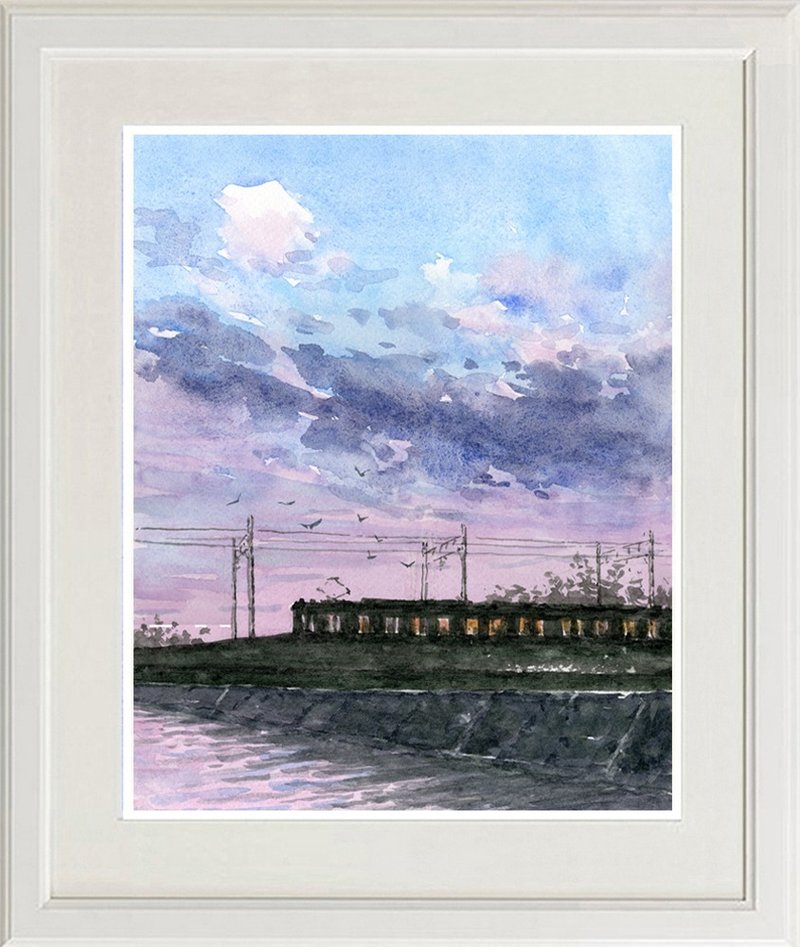 Original watercolor painting: Enoshima Electric Railway and sunset silhouette - Posters - Paper Pink