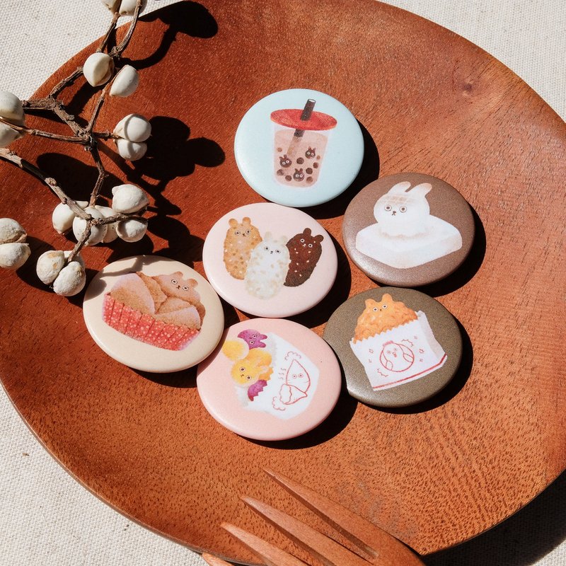 32mm badge - Rabbit Food - Chicken Steak/Pearl Milk Tea/Sweet Potato Ball/Fat Cake/ Linen Rice Cake/New Year Cake - Brooches - Other Metals Brown