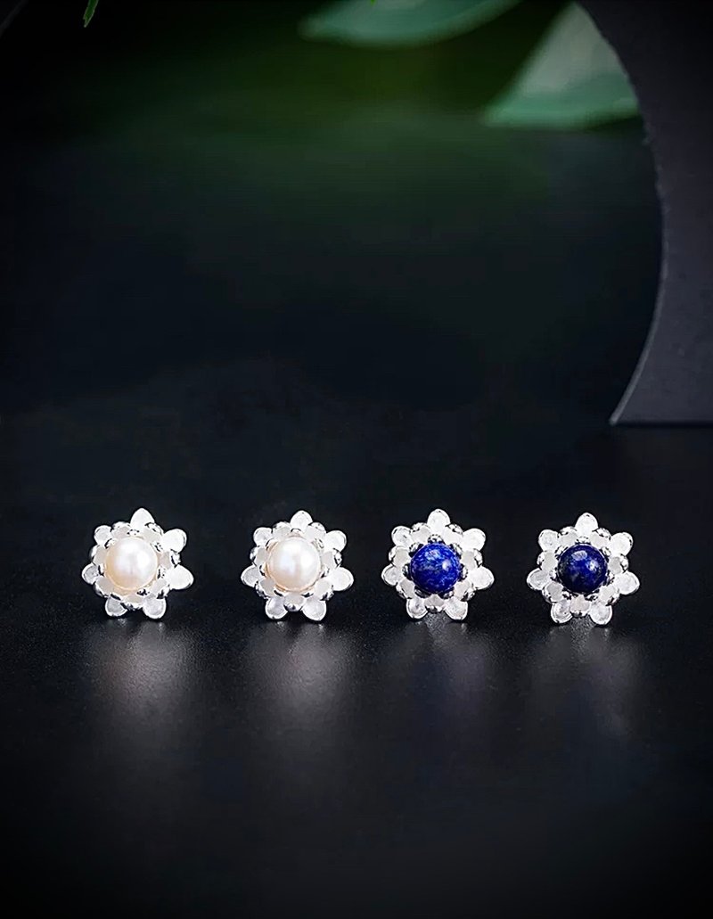 C&W s925 sterling silver heavy industry multi-layered daisy natural freshwater pearl natural lapis lazuli earrings Clip-On - Earrings & Clip-ons - Sterling Silver Silver