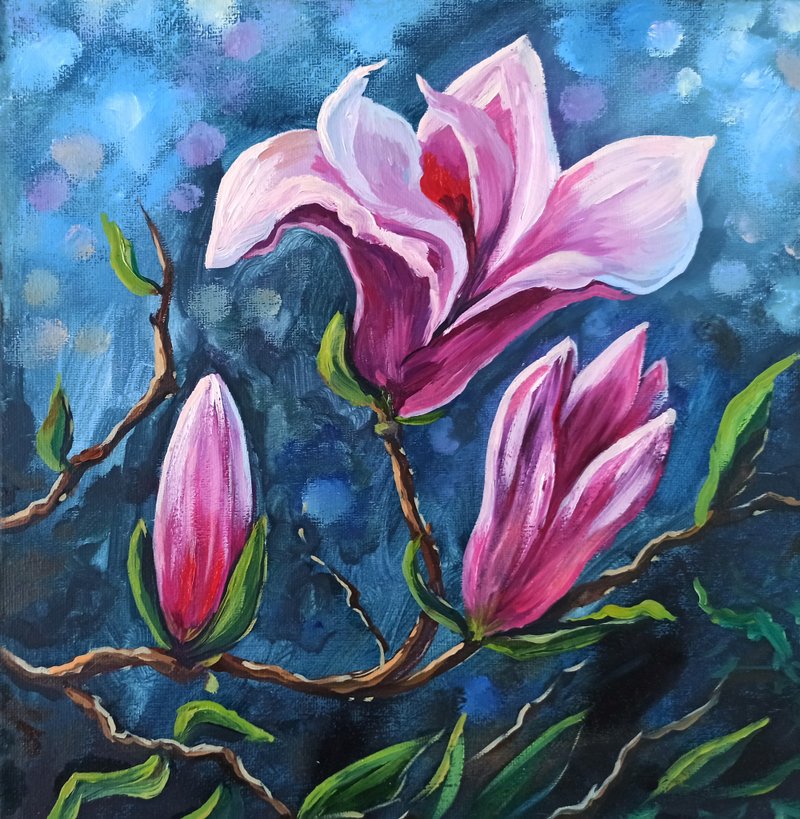 Pink Magnolia Painting Flower Original Art Iris Oil Painting on Canvas 30x30cm - Posters - Other Materials Multicolor