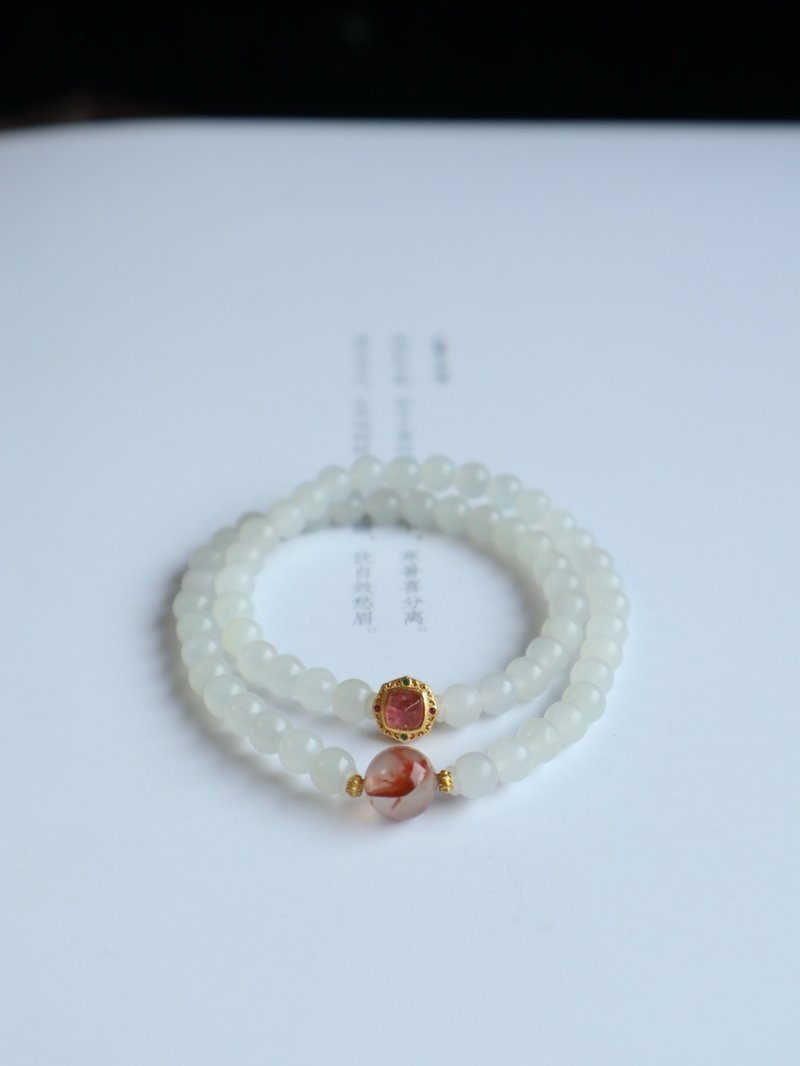 6mm natural Hetian jade - white jade, southern red floating beads, Silver inlaid tourmaline design, multi-circle bracelet, handheld s - สร้อยข้อมือ - หยก ขาว