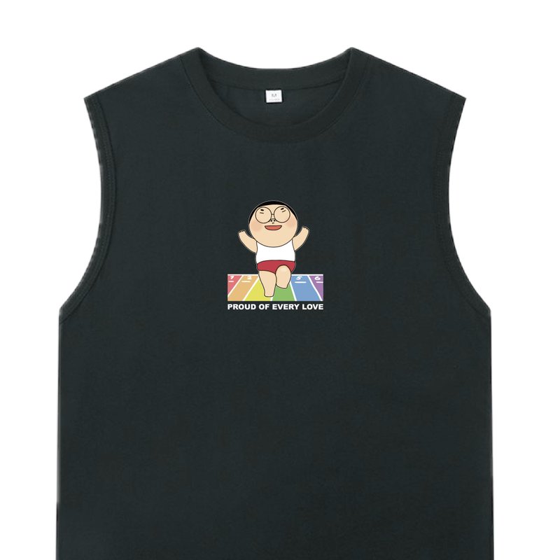 彩虹路跑 黑 / 插畫背心  VEST  夏季背心 純棉 上衣 - 男 T 恤 - 棉．麻 黑色