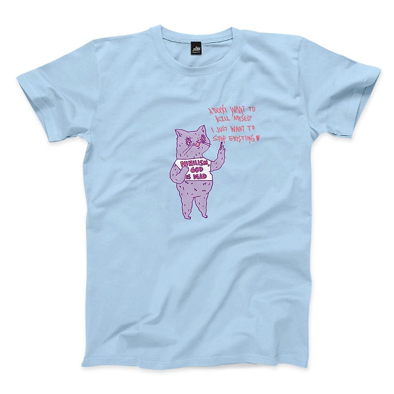 虛無主義貓貓 - 水藍 - 中性版T恤 - 男 T 恤 - 棉．麻 藍色
