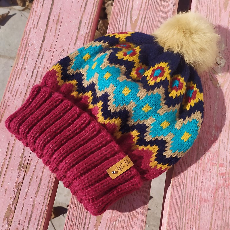 Warm pompom hat / Unisex hat/ Jacquard wool hat - หมวก - วัสดุอื่นๆ หลากหลายสี