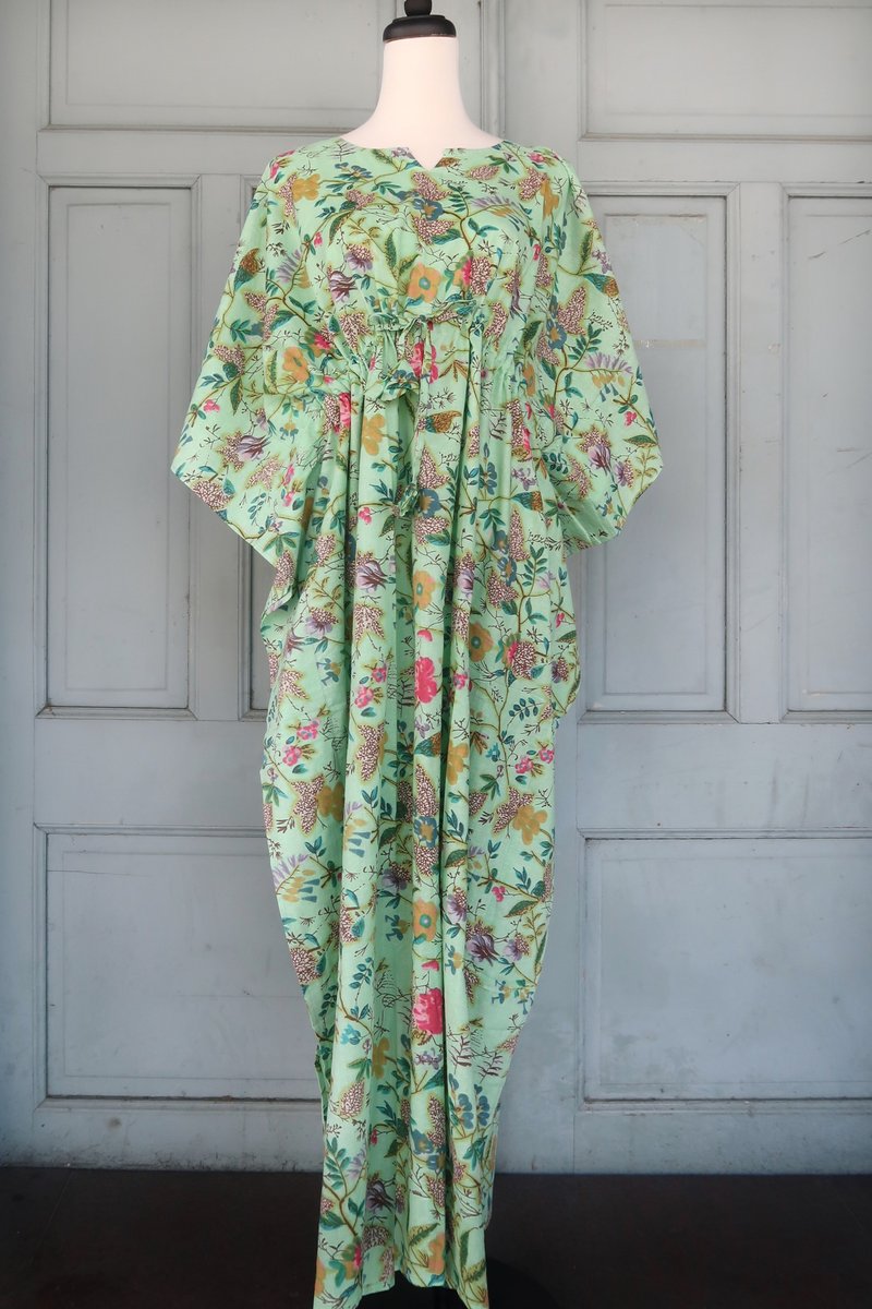 印度/齋浦爾/波希米亞/手工蓋印/蝴蝶衣長洋裝Kaftan - 洋裝/連身裙 - 棉．麻 綠色