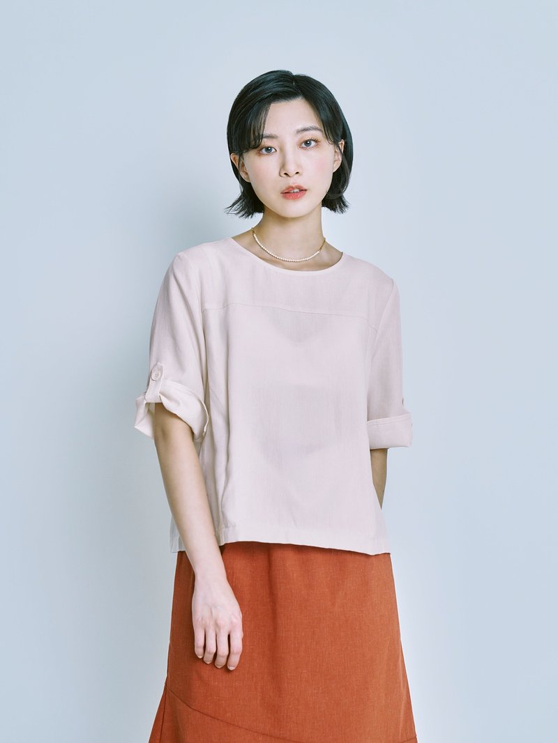 Herbal Illustrated Button-tab Three-quarter Sleeve Top - Almond - เสื้อยืดผู้หญิง - ไฟเบอร์อื่นๆ สึชมพู