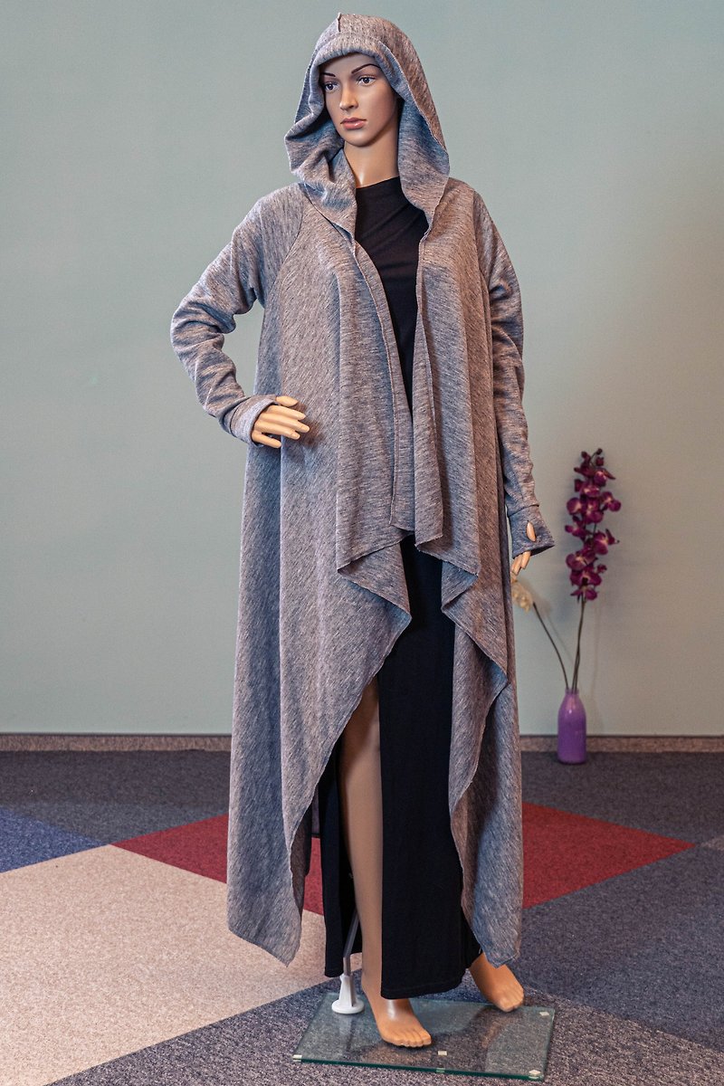 Long oversize cardigan Unisex  / Unisex hooded cardigan / Muslim knitwear - 外套/大衣 - 棉．麻 灰色