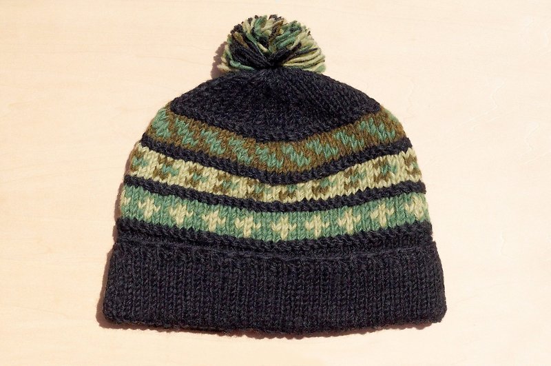 手織純羊毛帽/針織毛帽/內刷毛手織毛帽/毛線帽-綠色森林東歐民族 - 帽子 - 羊毛 綠色