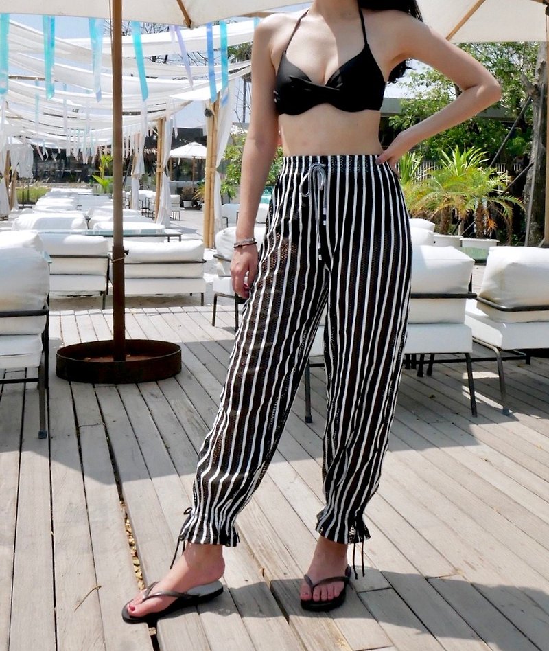 Stripe Beach Pants (Black) - 闊腳褲/長褲 - 其他材質 黑色