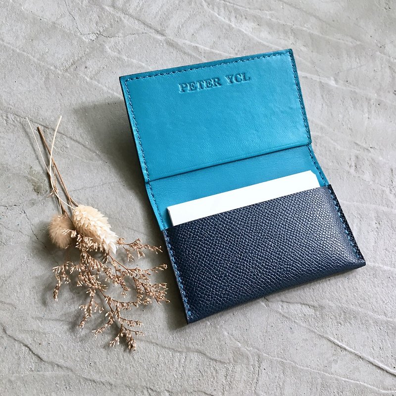 KAKU皮革設計 客製化訂製 名片夾 卡片夾 深藍 - 卡片套/卡片盒 - 真皮 藍色