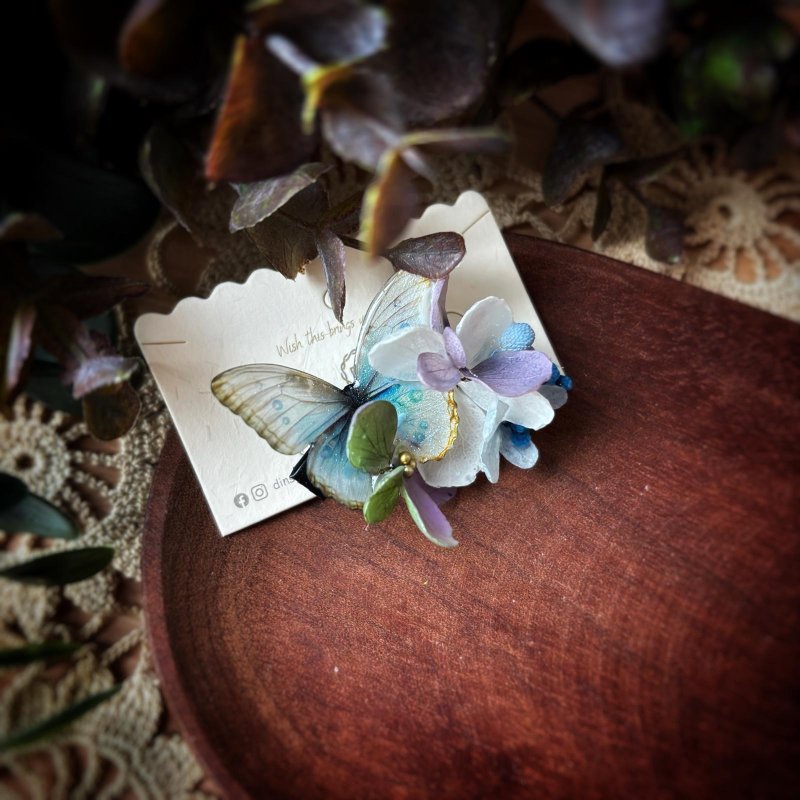 Purple blue green hydrangea real flowers with butterfly hairpin - Hair Accessories - Plants & Flowers Blue