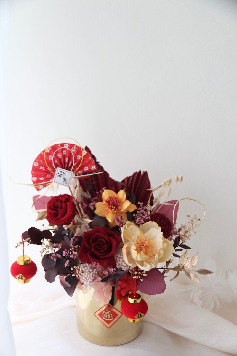 [New Year Flower Gift] Preserved Flower Pot Opening Gift Dried Flowers Dried Flower Table Flowers Preserved Roses - ช่อดอกไม้แห้ง - เครื่องลายคราม สีแดง