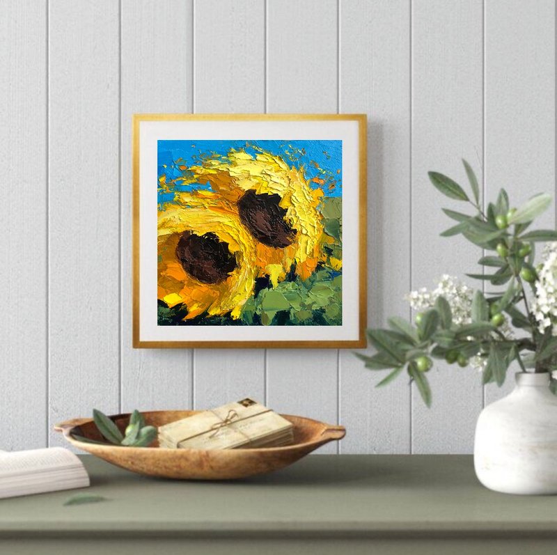 Original Sunflower Oil Painting On Canvas Flowers Textured Impasto Artwork - 壁貼/牆壁裝飾 - 棉．麻 多色