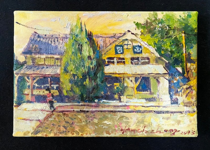 Landscape oil painting-Nichinan Railway Station - โปสเตอร์ - ผ้าฝ้าย/ผ้าลินิน สีเหลือง