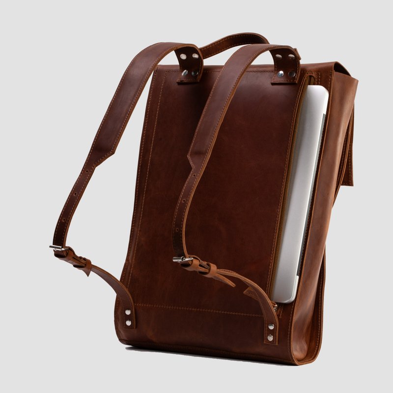 Handcrafted LEATHER BACKPACK with laptop compartment | Premium City Rucksack - กระเป๋าเป้สะพายหลัง - หนังแท้ สีนำ้ตาล