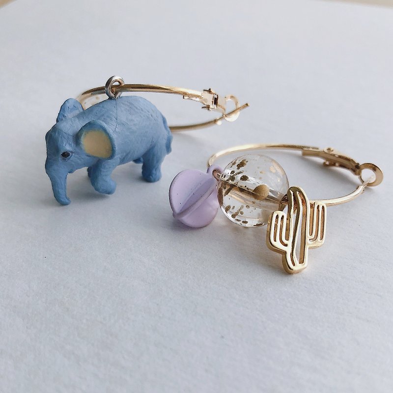 Elephant and Cactus Golden Circle Dangle Earrings - Earrings & Clip-ons - Acrylic Multicolor