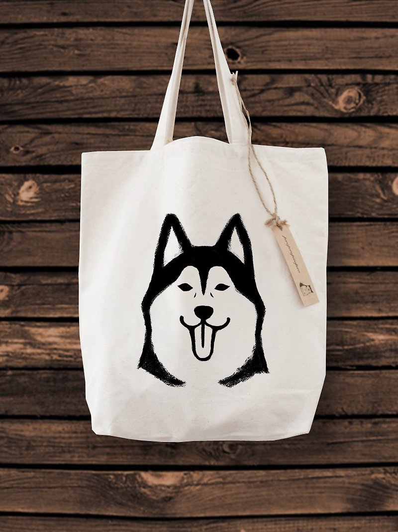 Siberian Husky Tote Bag - กระเป๋าถือ - ผ้าฝ้าย/ผ้าลินิน ขาว