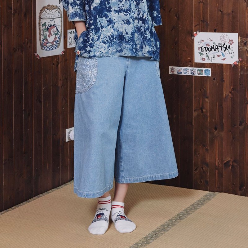 Edo Katsu Japanese-style pocket-colored wide pants-women's style (medium blue) #pants#wide pants - กางเกงขายาว - ผ้าฝ้าย/ผ้าลินิน สีน้ำเงิน