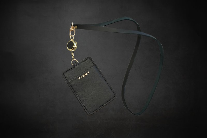 Dual induction telescopic leather card holder [can be customized three-dimensional metal characters] Christmas gift gift card holder - ที่ใส่บัตรคล้องคอ - หนังแท้ สีดำ