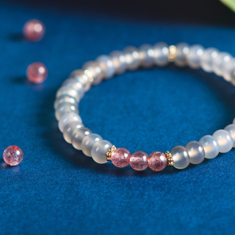 Grey Agate, Strawberry Rose Quartz, Natural Gemstone Crystal Bracelet - สร้อยข้อมือ - คริสตัล สึชมพู