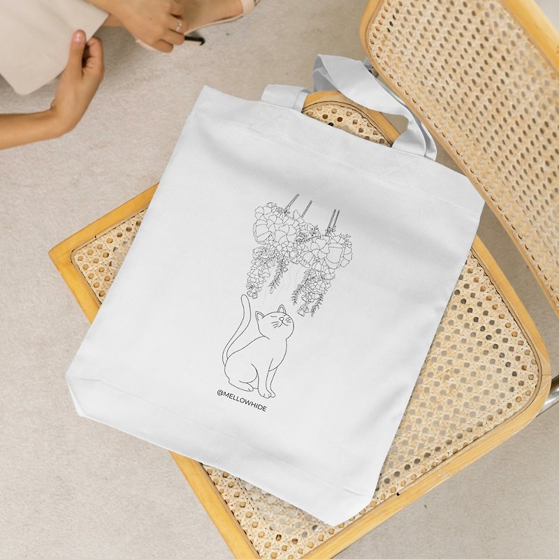 客製化 花花貓咪 環保帆布包 休閒包 健身包 購物袋 - 側背包/斜背包 - 環保材質 白色