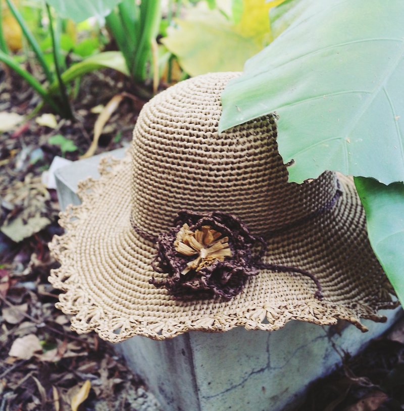 Hand-made-lace flower sun hat-hand-knitted-outing/light travel/birthday gift/leap dense - หมวก - กระดาษ สีนำ้ตาล