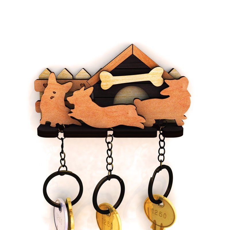 A litter of dogs Corgi key ring hanger + key ring three into - Items for Display - Wood Orange