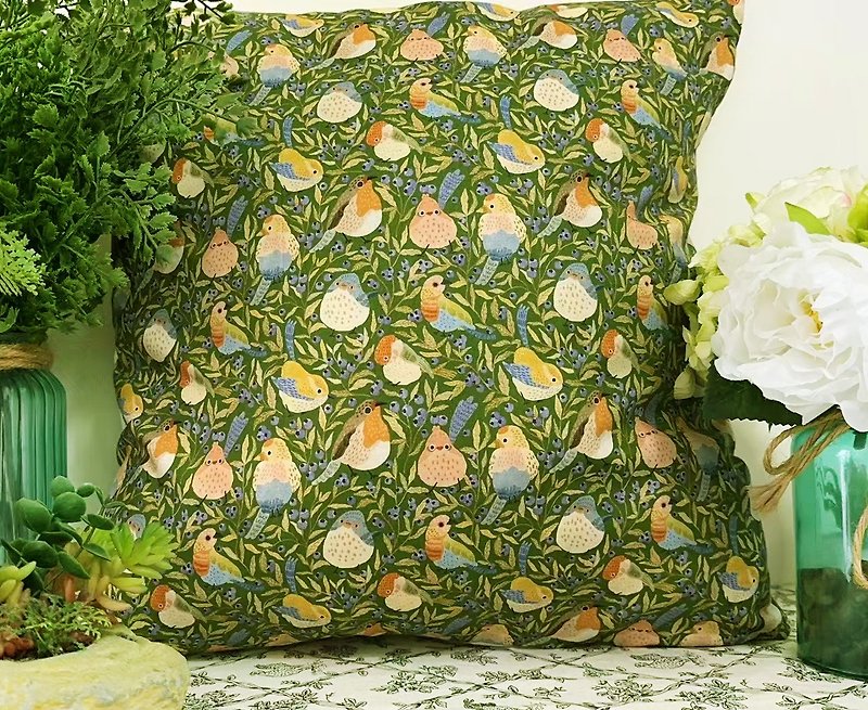 北歐風格小鳥綠色花花圖案抱枕靠枕靠墊枕套 - 枕頭/咕𠱸 - 棉．麻 綠色