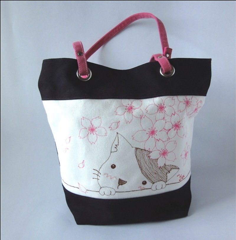 Sakura Series - Cat Tote Bag, Shoulder Bag <Custom> - Messenger Bags & Sling Bags - Cotton & Hemp Black