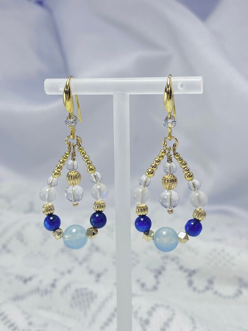 Aquamarine Stone Stone White Crystal 14KGF Earrings - ต่างหู - คริสตัล สีน้ำเงิน