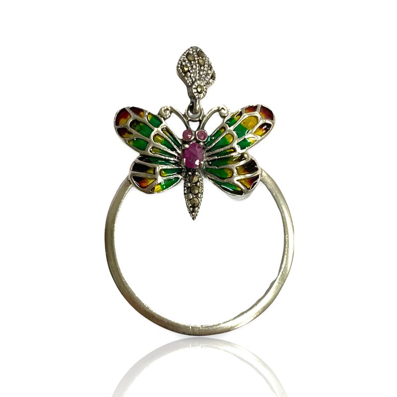 Art Nouveau Enamel Butterfly Magnifying Glass Loop Pendant 925 Sterling Silver - 其他 - 純銀 銀色