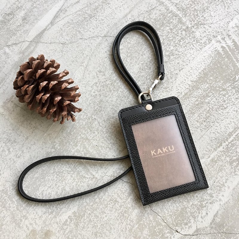 KAKU leather design customized identification card holder clip black cross pattern - ที่ใส่บัตรคล้องคอ - หนังแท้ สีดำ