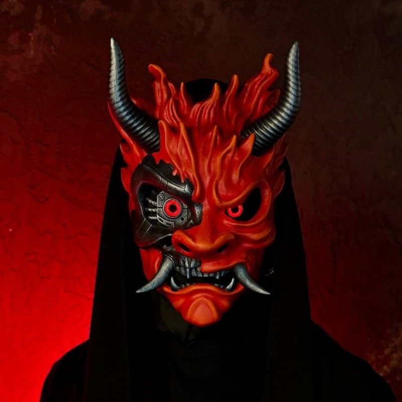 Fiery Cyberpunk Oni Mask, Cyberpunk 2077 cosplay Samurai mask, Japanese Oni Mask - 口罩/口罩收納套 - 樹脂 紅色