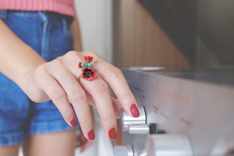 Poppy Ring , Flower Ring , Handpainted GOODAFTERNINE - General Rings - Copper & Brass Red