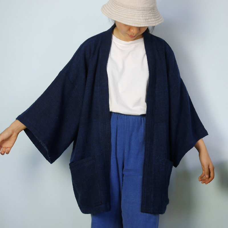 Handwoven cotton  Kimono... (Blue-Black) - ジャケット - コットン・麻 ブルー