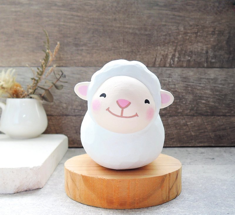 Smiling Lamb Tumbler Healing Cute Doll Decoration Handmade Small Wood Carving - Items for Display - Wood White