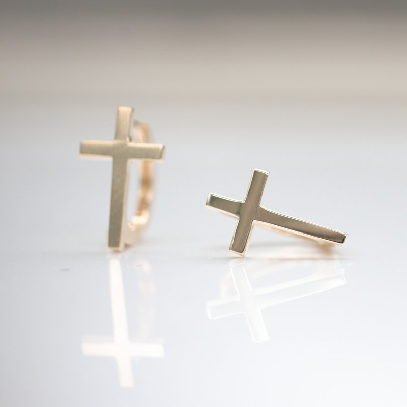 14K 十字架耳扣耳環 - 戒指 - 貴金屬 金色