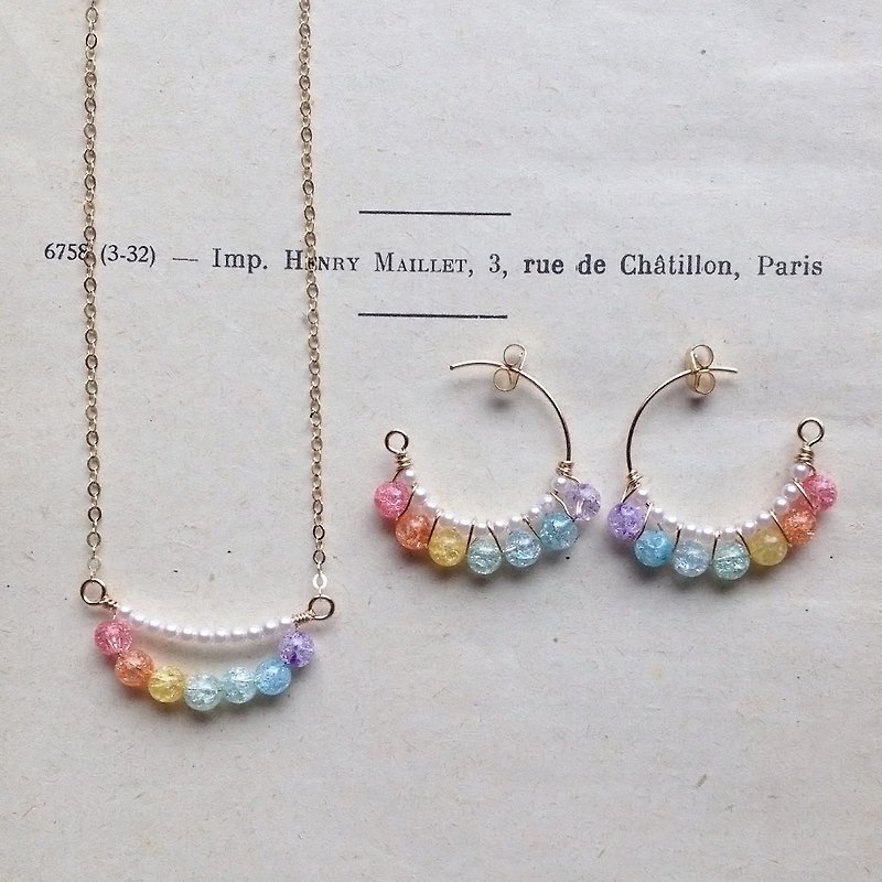 Goody Bag/14kgf colorCrystal and Vintage Pearl Necklace & Hoop Earring Set - 耳環/耳夾 - 寶石 多色