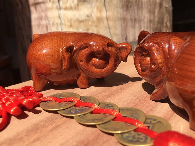 Log Wooden Decoration- Lucky Piggy (One Pair) - Items for Display - Wood Brown