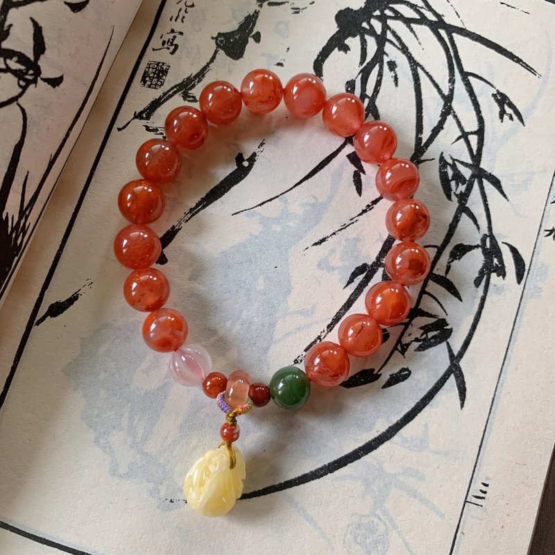 客制化//天然冰飄南紅9+mm手鏈 蜜蠟福袋荔枝凍南瓜珠 碧玉手串 - 手鍊/手環 - 玉石 多色